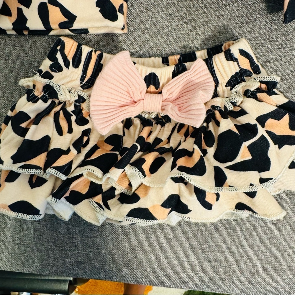 3 Piece Set: Animal Print Newborn Ruffle Skirt, Headband Bow & Beanie Hat New - Picture 3 of 5